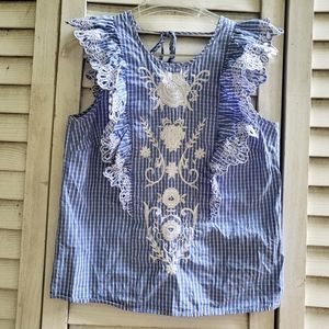 Parker NY Emele Womens White Blue Gingham Eyelet Embroidered Cotton Top